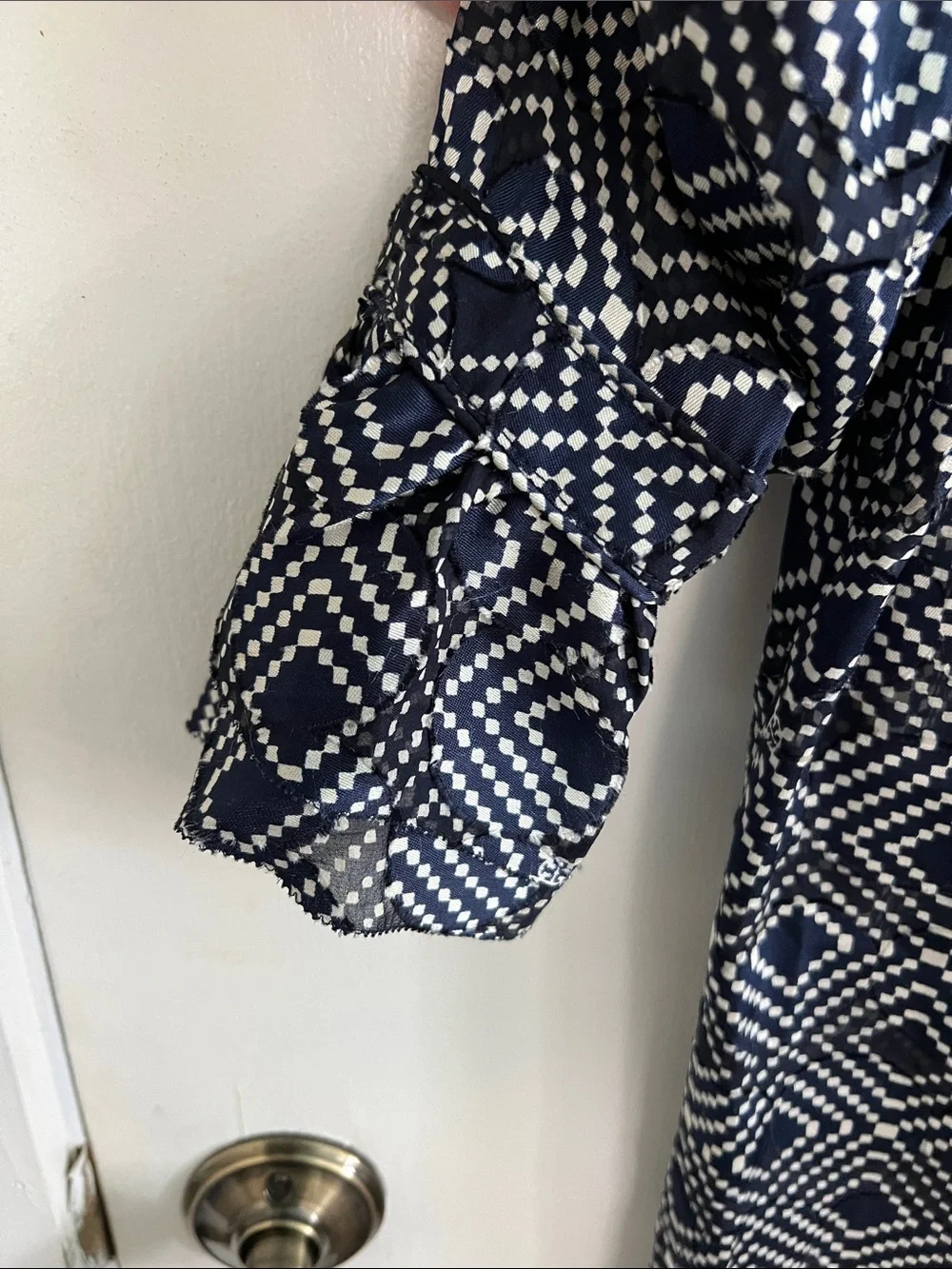 Tory Burch Navy and White Diamond-Print Ruffle V-Neck Tunic Top